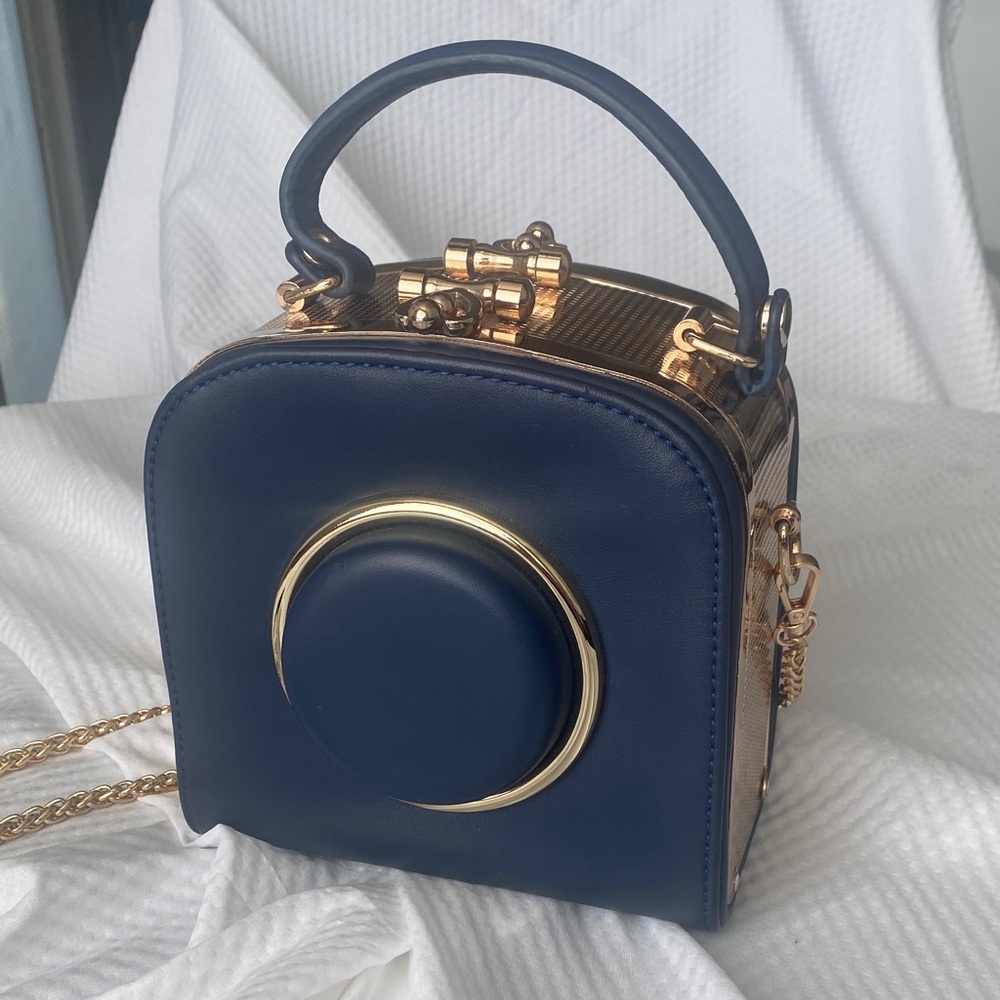 Camera Purse Elegant Navy Blue and Gold Women's Mini Handbag NWOT